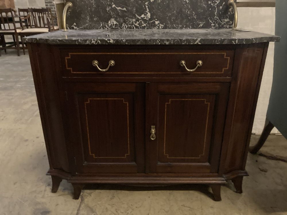 An Edwardian satinwood banded mahogany marble top washstand, width 99cm, depth 52cm, height 106cm